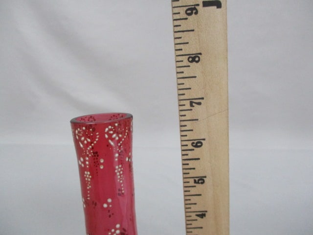 Bohemian Glass Vase w/White Enamel Floral Details 7" - 4