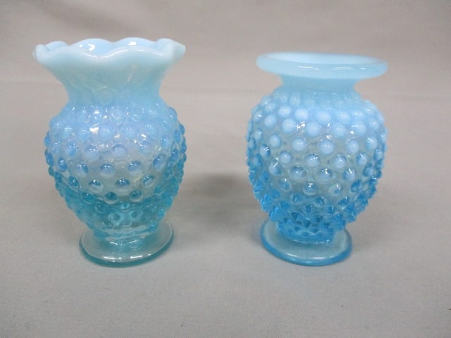 2 Fenton Blue Opalescent Hobnail Vases 3.5": .