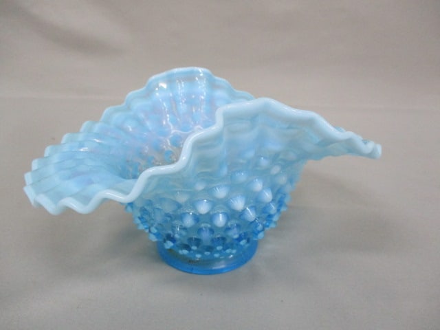 Fenton Blue Opalescent Hobnail Crimped Edge Bowl 7.4" x 4": .