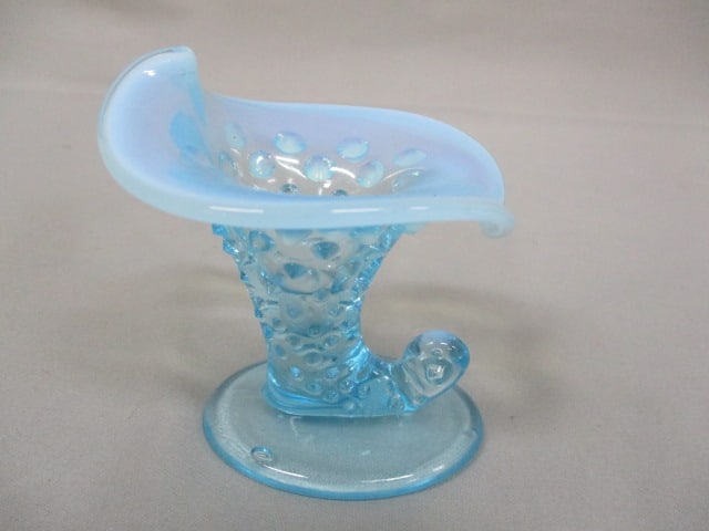 Fenton Blue Opalescent Hobnail Cornucopia Vase/Candle Holder 3.5": .