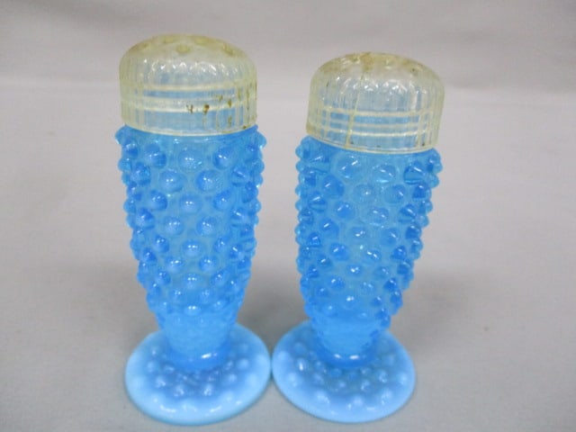 Fenton Blue Opalescent Hobnail Salt & Pepper Shakers 3.5": .