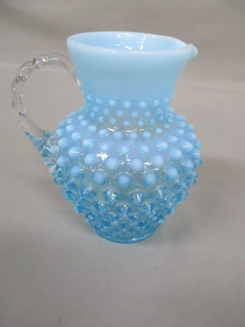 Fenton Blue Opalescent Hobnail Pitcher w/Clear Handle 5.5": .