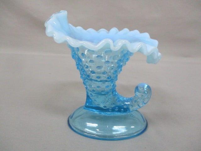 Fenton Blue Opalescent Hobnail Cornucopia Vase/Candle Holder5.5" x 6": .
