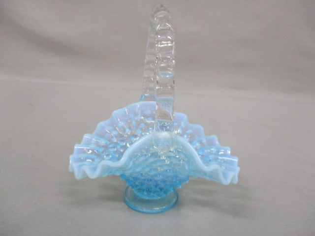 Fenton Blue Opalescent Hobnail Basket w/Clear Handle 5" x 6": .