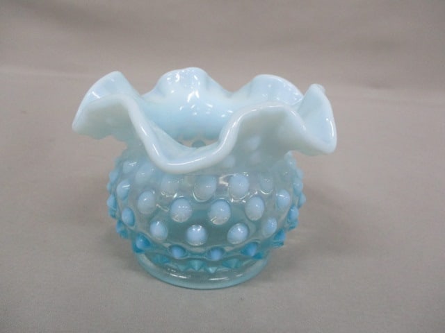 Fenton Small Blue Opalescent Hobnail Rose Bowl 3": .