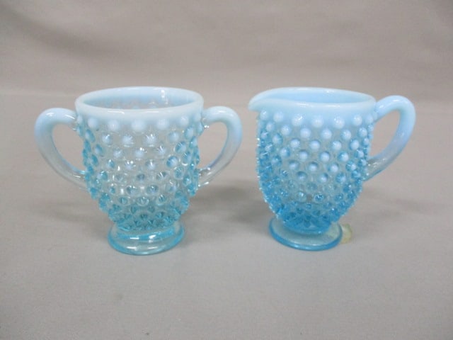 Fenton Blue Opalescent Hobnail Open Sugar Bowl & Creamer 3.5": .