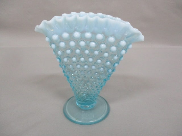 Fenton Blue Opalescent Hobnail Fan Vase 6.5": .