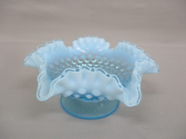 Fenton Blue Opalescent Hobnail Footed Ruffled Bowl: .