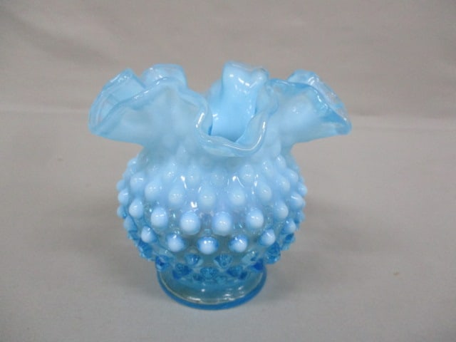 Fenton Blue Opalescent Hobnail Ruffled Rose Bowl 5" x 4.5": .