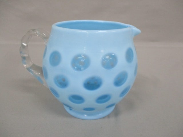 Fenton Blue Opalescent Coin Dot Pitcher w/Clear Handle 5": .