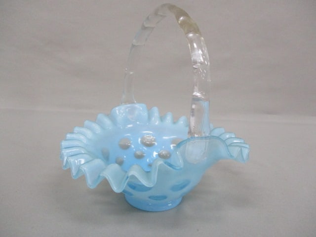 Fenton Blue Opalescent Coin Dot Basket w/Clear Handle 7" x 7": .
