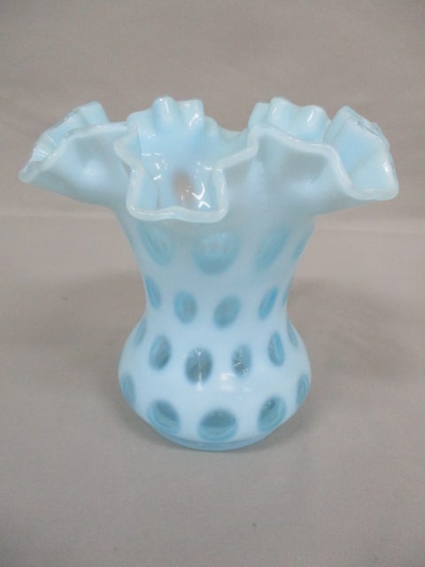 Fenton Blue Opalescent Coin Dot Ruffled Edge Vase 6.5" x 6.5" (1 of 5)