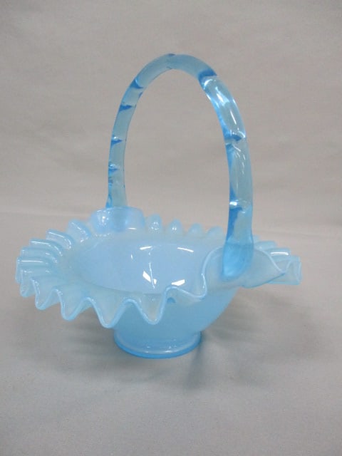 Fenton Blue Ruffled Edge Basket w/Blue Handle 6.5" x 7": .