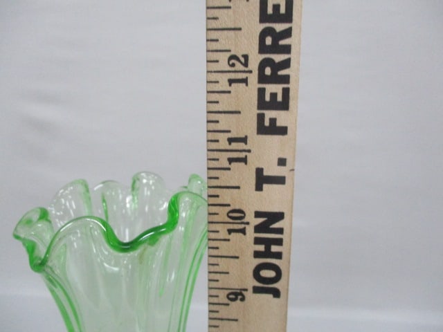 Vintage Northwood Uranium Glass Green Thin Ribbed Swung Glass Vase 10.5" - 5