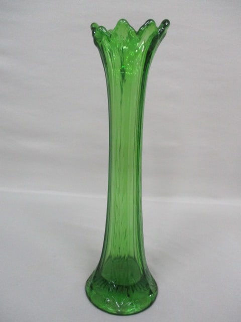 Vintage Mid Century Modern Emerald Green Ribbed Swung Glass Vase 13": .