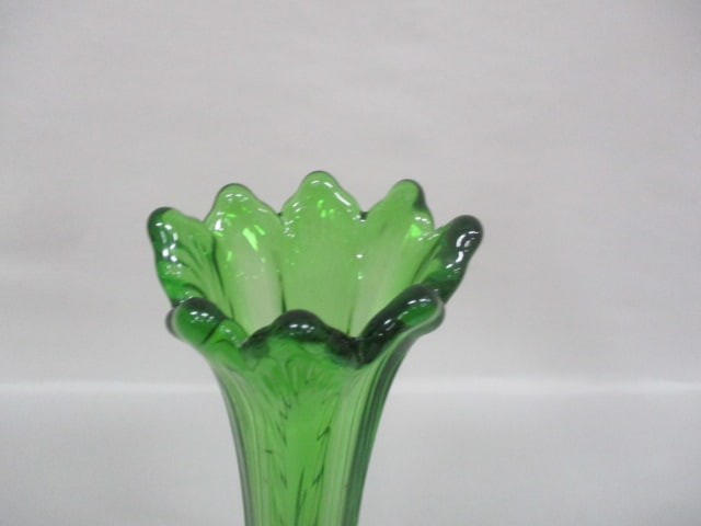 Vintage Mid Century Modern Emerald Green Ribbed Swung Glass Vase 13" - 2