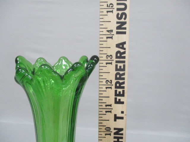 Vintage Mid Century Modern Emerald Green Ribbed Swung Glass Vase 13" - 6
