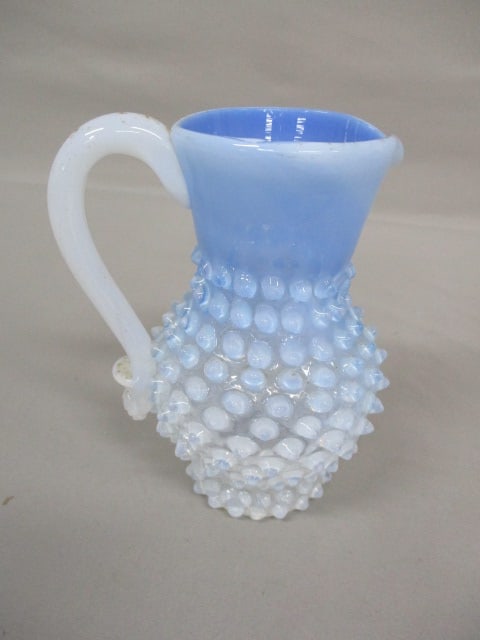 Fenton Blue Opalescent Hobnail Pitcher w/Applied White Handle (1 of 6)