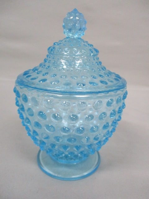 Fenton Blue Hobnail Candy Dish with Lid 6.5": .