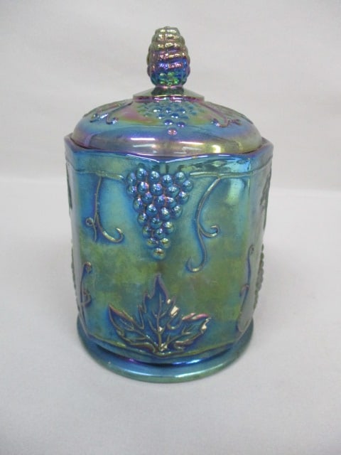 Indiana Carnival Glass Canister "Harvest Grape" Pattern 7": .
