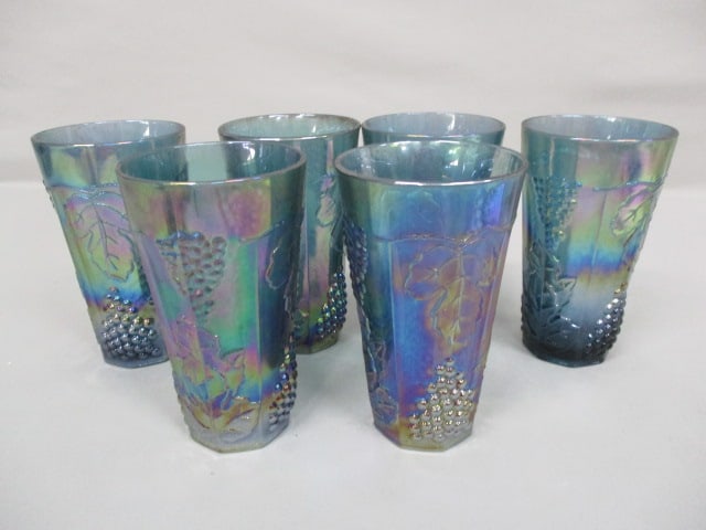 6 Indiana Carnival Glass Tumblers "Harvest Grape" Pattern 6": .