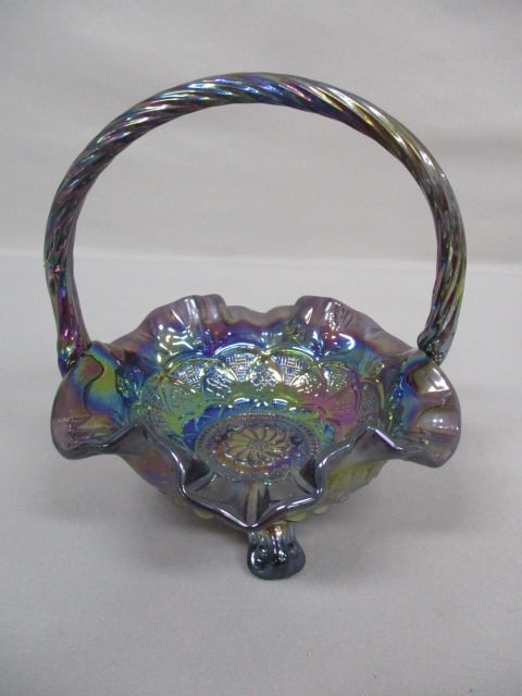 Vintage Fenton Iridescent 3 Footed Carnival Glass Basket: 6.5" x 7"