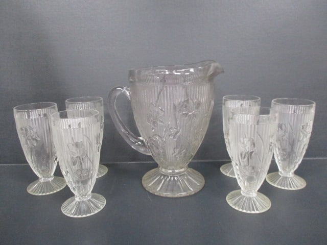 Vintage Jeanette Class Pitcher 9" and 6 Footed Tumblers 6.5": "Iris & Herringbone" Pattern