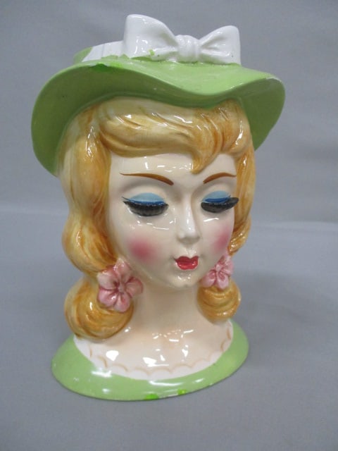 8" Lefton #3514 Lady Head Vase: Has Small Chip on Bottom Edge & Some Paint Loss - See All Pictures