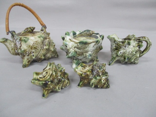 1950's Conch Shell Teapot, Sugar, Creamer w/Salt & Pepper Shakers: .