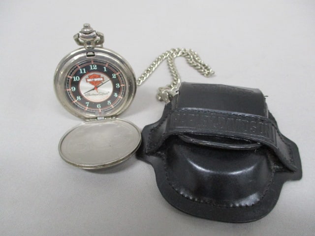 Franklin Mint Harley Davidson Pocket Watch w/Black Leather Pouch: .