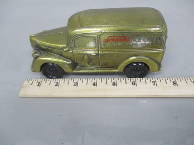 Vintage 1937 Schwans Ice Cream Cast Metal Truck Bank - 7