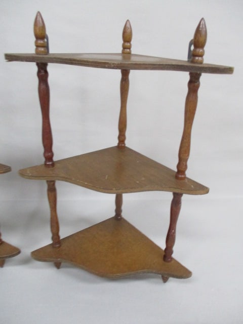 2 Vintage Wall Mount Wooden Corner Shelves 17" - 2