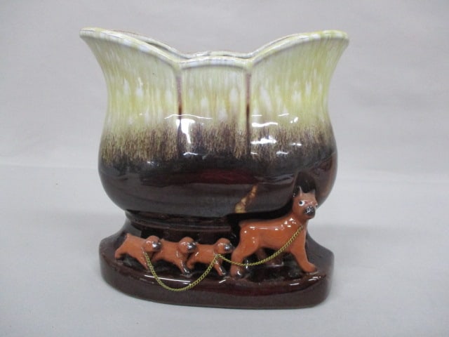 Vintage Brown Drip Glaze Boxer Dog Family Wall Pocket/Planter: 7" x 6.5"