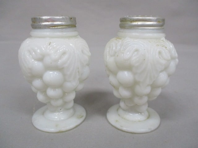 Imperial Milk Glass Salt & Pepper Shakers "Grapes & Leaves" 3.5": .