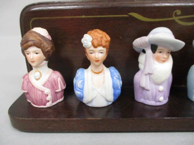 8 Vintage Avon Lady Thimbles on Wooden Shelf - 2
