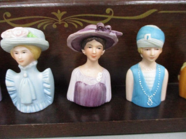 8 Vintage Avon Lady Thimbles on Wooden Shelf - 3