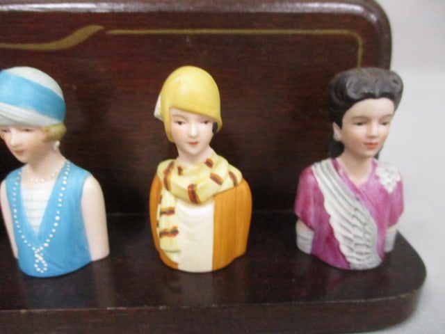 8 Vintage Avon Lady Thimbles on Wooden Shelf - 4