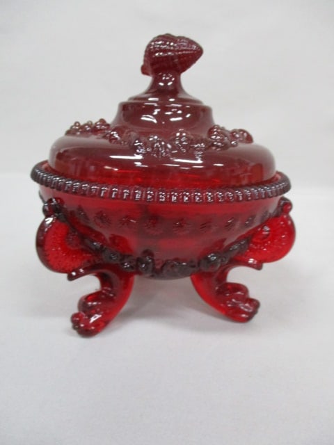 Vintage Westmoreland Ruby Red Lidded Candy Dish: "Argonaut Shell" Pattern 6" x 6.5"