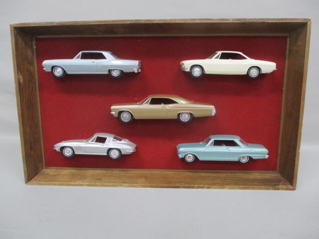 Vintage Dealer Promotional 1/2 Car Promos in Wooden Shadow Box: Chevrolet Malibu SS, Corvair, Impala SS, Corvette Stingray, Nova SS - 22" x 13" x 2"