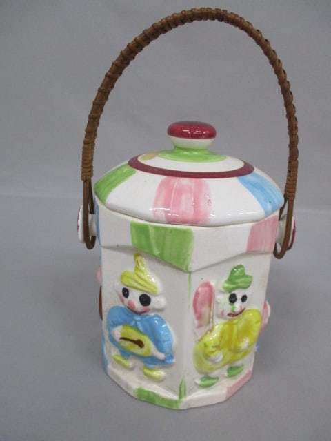 Vintage Hexagon Clowns Biscuit/Cookie Jar w/Rattan Handle 7.5": .
