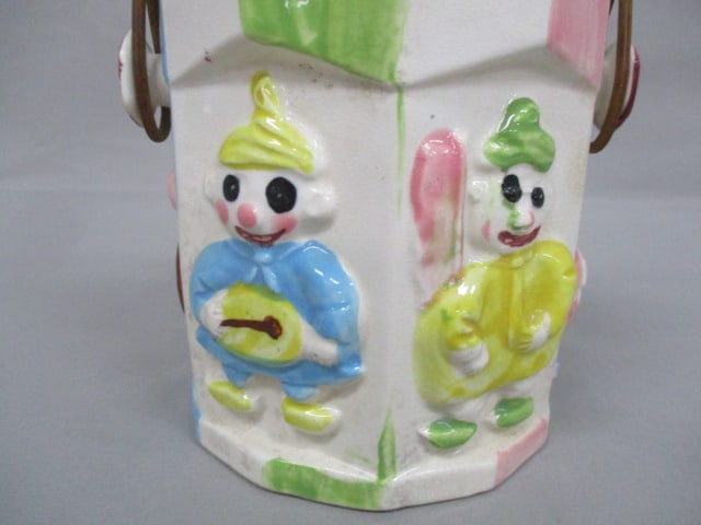 Vintage Hexagon Clowns Biscuit/Cookie Jar w/Rattan Handle 7.5" - 2