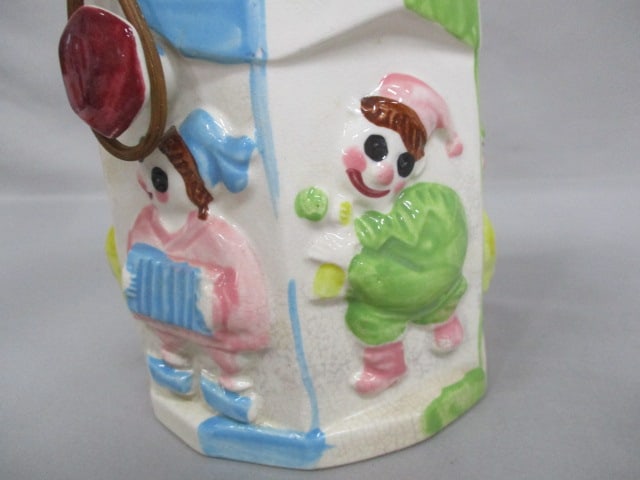 Vintage Hexagon Clowns Biscuit/Cookie Jar w/Rattan Handle 7.5" - 3