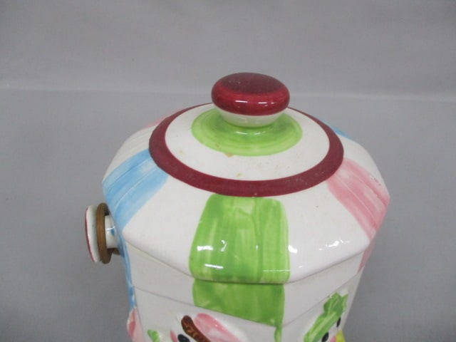 Vintage Hexagon Clowns Biscuit/Cookie Jar w/Rattan Handle 7.5" - 4
