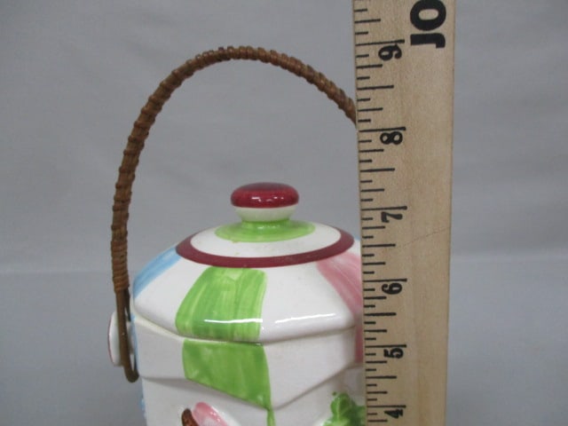 Vintage Hexagon Clowns Biscuit/Cookie Jar w/Rattan Handle 7.5" - 7