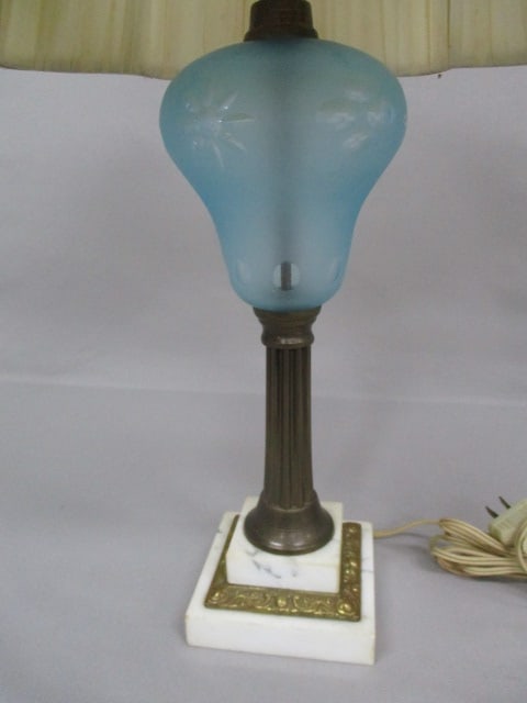 1950's/60's Italian Blue Frosted Satin w/Flower Details Lamp w/Marble Base 25" - 2