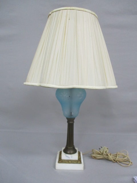 1950's/60's Italian Blue Frosted Satin w/Flower Details Lamp w/Marble Base 25": .