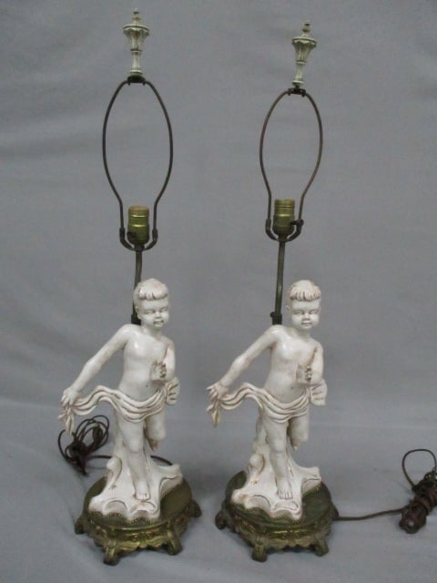 2 Vintage Hollywood Regency White Plaster Cherub Figure Table Lamps: 29"