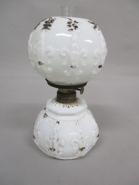 Antique Miniature GWTW Milk Glass Embossed Gilt Oil Lamp: 7.5"