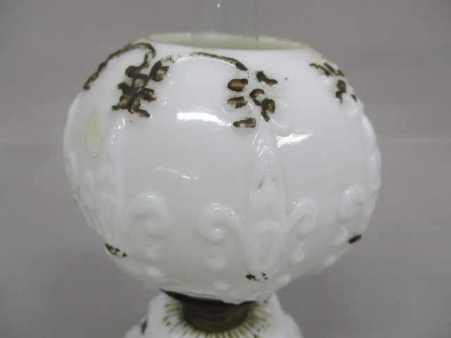 Antique Miniature GWTW Milk Glass Embossed Gilt Oil Lamp - 2