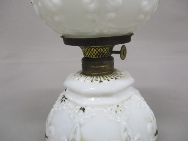 Antique Miniature GWTW Milk Glass Embossed Gilt Oil Lamp - 3